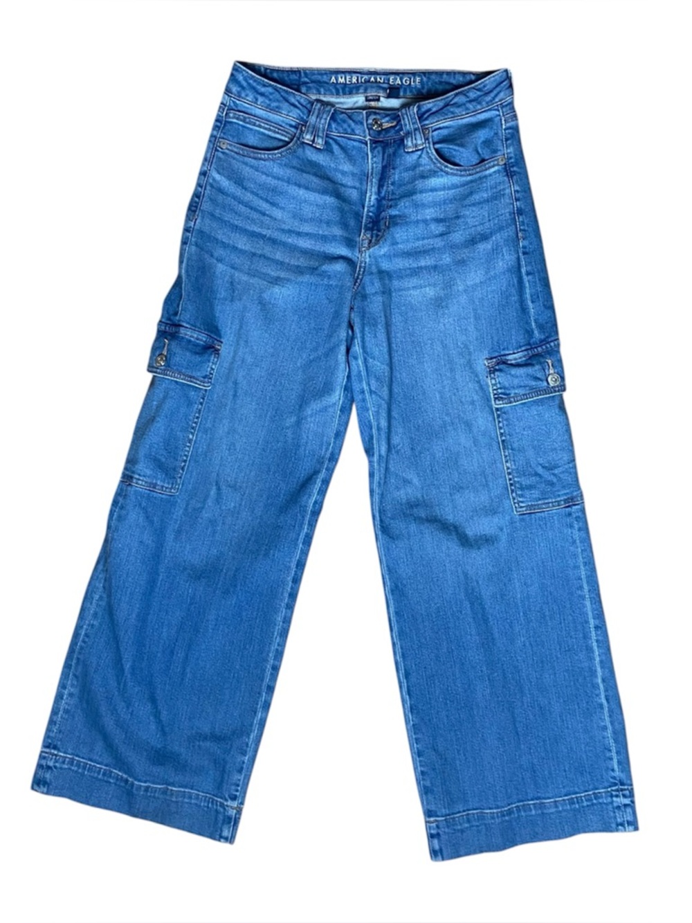 American Eagle Sz 4 Cargo Jeans Super High Rise Baggy Wide Leg Stretch Blue